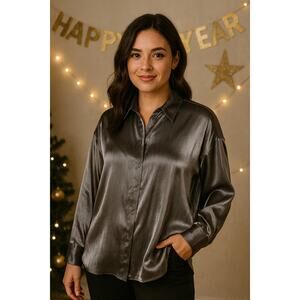H&M Silver Metallic Button-Up Blouse Small NYE